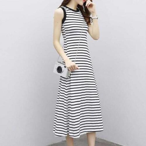 Zuolunouba Summer Office Lady Dresses A-line Fashion Striped Sleeveless Mid-calf Women Dress Long S-3XL