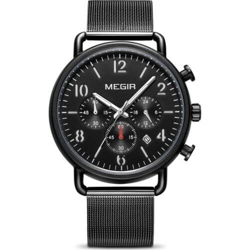 MEGIR 2158 Mens Steel Band Business Multi-Function Chronograph Watches Mens Fashion Waterproof Leather Band Wristwatches