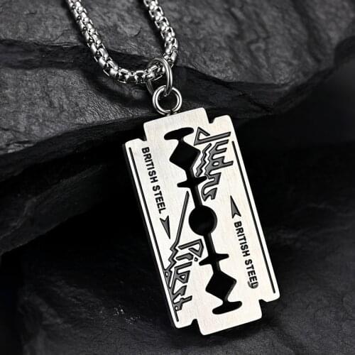Mens Fashion Stainless Steel Razor Blade Necklace Men Judas Priest Hip Hop Jewelry Enamel Heavy Metal Pendant Necklace Jewelry