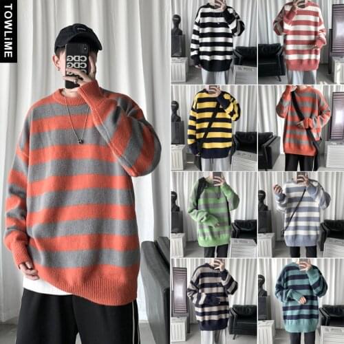 2021 Autumn New Men Loose Striped Sweater Mans Winter Korean Fashions Pullovers Sweaters Harajuku Colorblock Clothing Tops