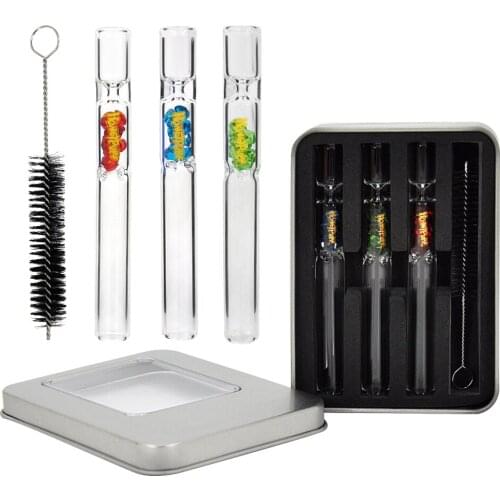 HONEYPUFF Smoking Kits 3pcs Glass One Hitter Tobacco Smoking Pipe + Metal Storage Box Case + Small Brush Pipe Cleaner Tool