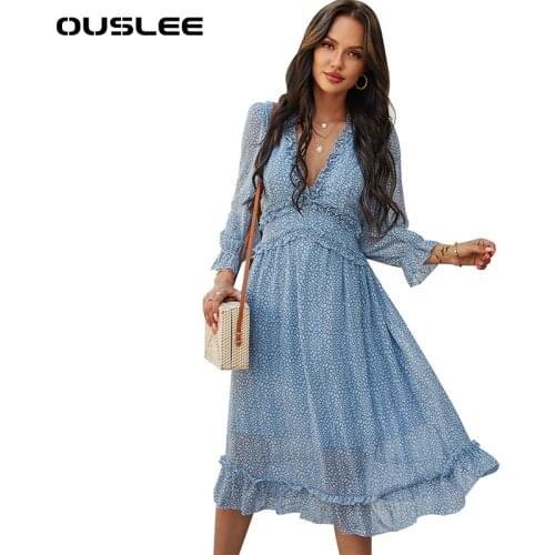 OUSLEE 2021 New Floral Chiffon Dresses For Women V-neck Ruffles Sleeve Spring Autumn Vintage Elegant Midi Dress Bohemian Vestido