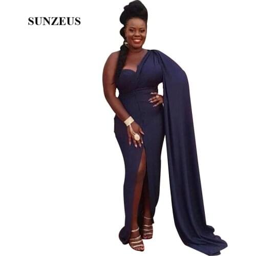 Sheath One Shoulder Navy Blue Prom Dress With Watteau Train African Women Party Dress With Front Slit