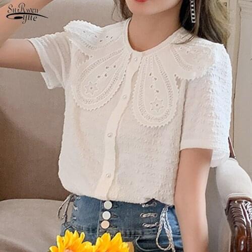 Simple Retro Lapel Crochet Elegant Blouse Single-breasted Short Sleeve Top Korean Chic Personality Joker Puff Sleeve Shirt 13828