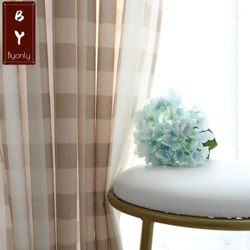 Korean Pastoral Japanese Fresh Coffee Color Pink Plaid Polyester Cotton Printed Curtain Curtains for Living Dining Room Bedroom