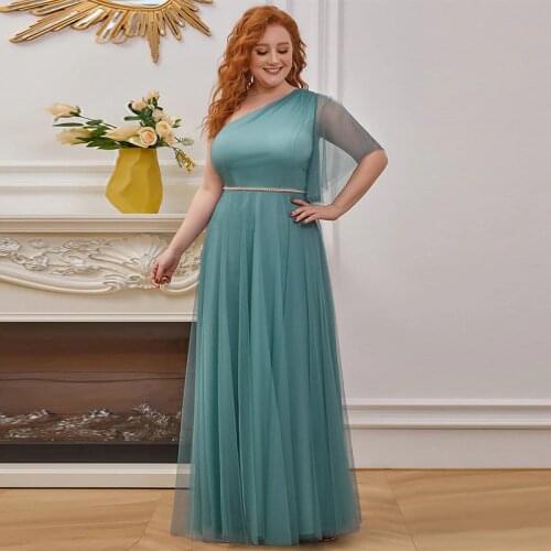 Evening Dress One-Shoulder Pleat Short Sleeves Simple Elegant Empire Floor-Length A-Line New Plus Size Women Formal Gowns D908