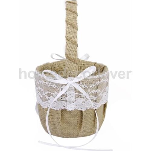 Vintage Retro Wedding Burlap Hessian Lace Ribbon Bow Flower Girl Basket Supplies