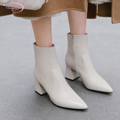Simple slimming style natural leather sexy pointed toe ankle boots zipper beige black high-heeled riding boots womens shoes