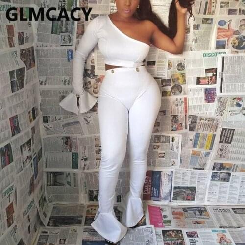 Women Two Piece Sexy Suits One Shoulder Crop Top & Slim Flare Pants Set