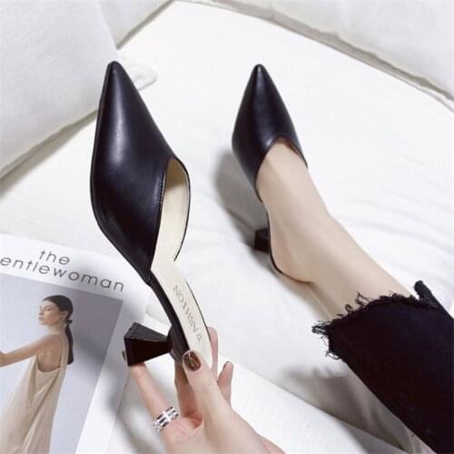 2020 women summer shoes Pointed Toe PU Square heel High heels Muller slippers women Fashion Patchwork Shallow ladies shoes