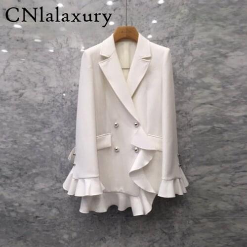 2020 Korean Style AutumN Blazer Women Pattern Long Sleeve Double Breasted Ruffles Patchwork Suit For Woman White Blazer Femme
