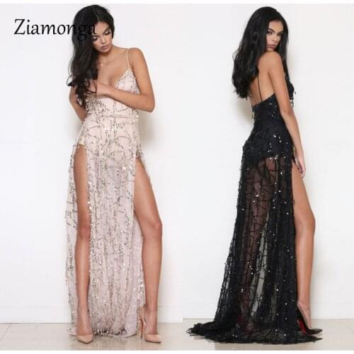 Ziamonga High Quality 2017 New Party Womens Tassel Sequins Dress Two Split Sleeveless Long Dress Backless Dee V-Neck Maxi Dress