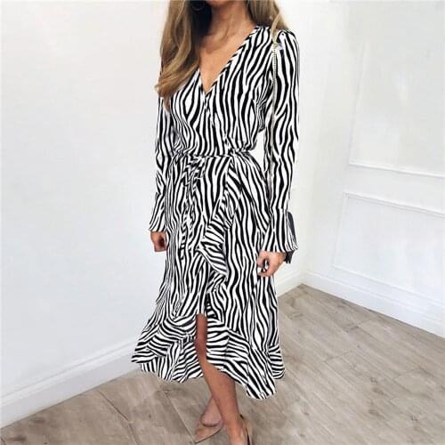 Autumn Women Shirt Dress Sexy Deep V Neck Casual Fashion Printed Striped Lace up Ruffled Long Sleeved Dress Ladies Office Dress