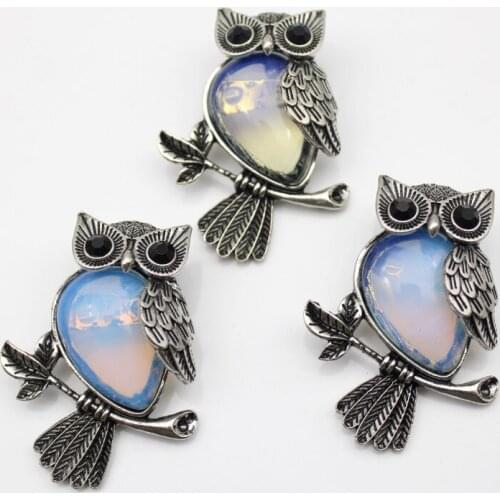 1pcs Vintage Silver Plated Owl Natural opal Stone Brooch For Women Charms Jewelry Brooches Free shipping