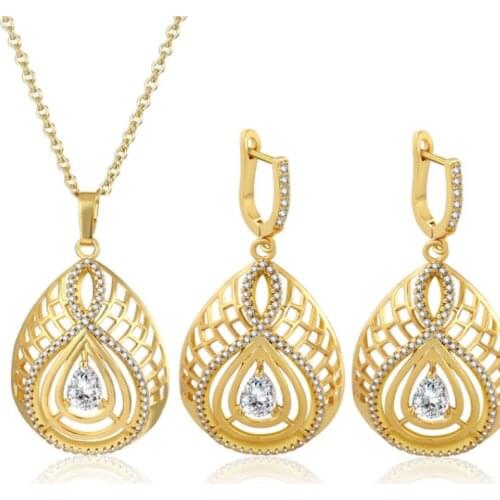 Jewelry Set Sterling Gold Cubic Zirconia Pendant Necklace Drop-shaped Gold Micro-inlaid White Zircon Shape Earrings For Women