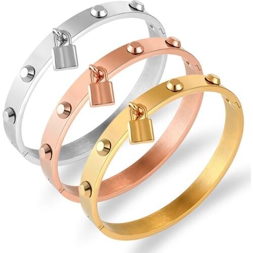 Rivet Design Lock Lover Bangle Titanium Steel Armband Gold Bracelet For Women Pulseiras Statement Jewelry Couple Wedding Gift
