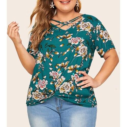 4XL blouse shirts 2020 Summer Fashion Women V Neck Short Sleeve Flower Print Plus Size T Shirt Casual Blouse Pullovers