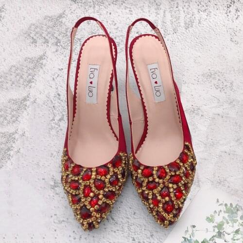 CHS1247 Custom Made Slingbacks Wine Red Gold Crystal Pointed toe Shoes Women Bridal wedding Shoes