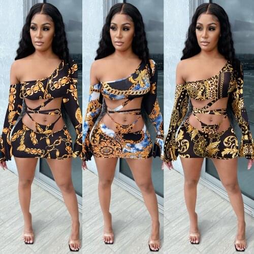 SUJYing 2021 Summer New Womens Sexy Fashion Nightclub In Printed Mandarin Sleeve Two Piece Kilt