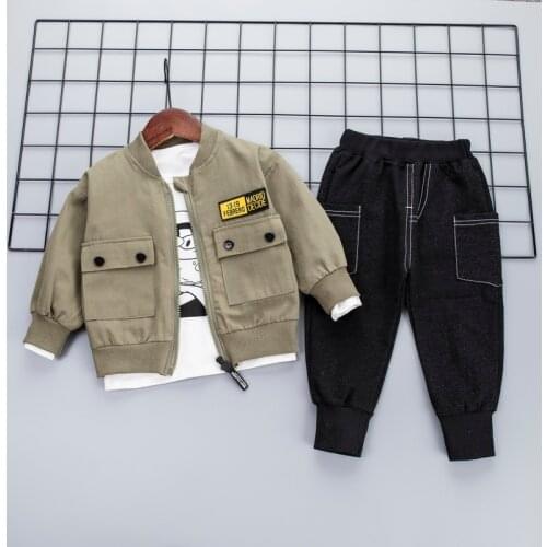 Spring Casual Childrens clothing Full Long Sleeve V-Neck Zipper Jacket +pullover+jeans 3PCS Coats Kids Baby Boy Jacket Autumn