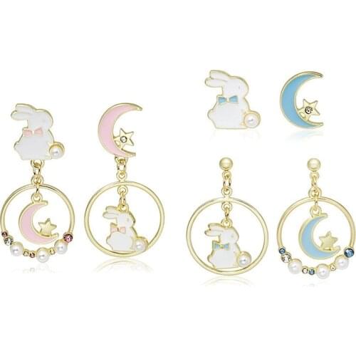Cute Rabbit Pendant Drop Earring Enamel Graze Oil For Fashion Women Girl Moon Star Asymmetry Sweet Dangle Ear Jewelry Gifts