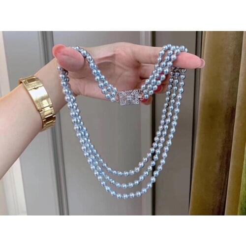 D425 Pearl Necklace Fine Jewelry Round 7-8mm Natural Fresh Water Bluish Gray Pearls Necklaces for Women Presents