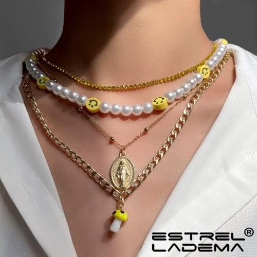 Multi Layer Mushroom Imitation Pearl Smiley Beads Necklace For Women Metal Coin Portrait Crystal Tennis Chain Necklaces Jewelry
