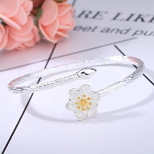 Retro 925 Sterling Silver Wholesale Korean fashion Lotus Creative Flower Open Personality Cuff Bracelet Mujer Bijoux Gift SB072