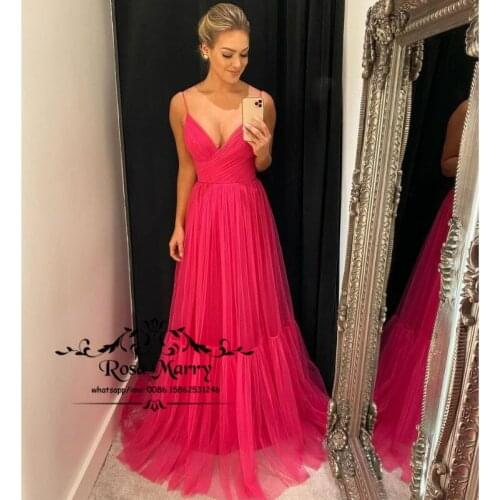 Sexy Fuchsia Plus Size Long Prom Dresses A Line Tulle Vestido De Fiesta Largos Simple 2K21 Girls Formal Evening Party Gowns