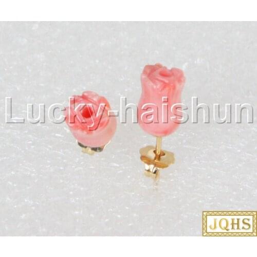 JQHS AAA 100% natural Stud carved pink coral flower Earrings 14K/20 gold j13221