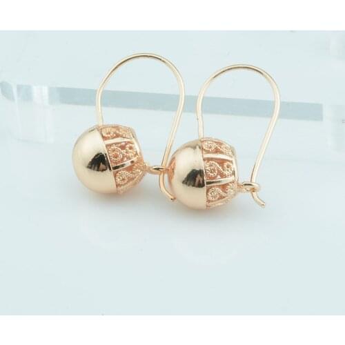 1 Pair Women Girls Gold 585 Color Drop Earrings Round Ball Bead Carve Jewelry Small Middle Large