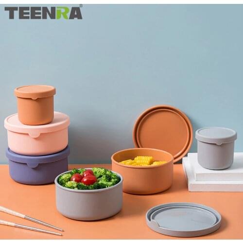 TEENRA Silicone Lunch Box With Lid Portable Bento Box Fruit Salad Fresh Keeping Bowl Salad Round Storage Box Kitchen Container