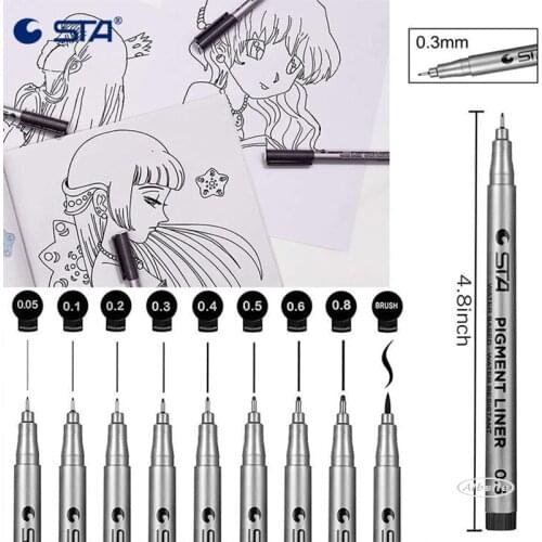 STA 9PCS Drawing needle pen Waterproof Fade Proof Micron Pen Tip Fine Liner Black Sketch Water Marker Pen for Manga