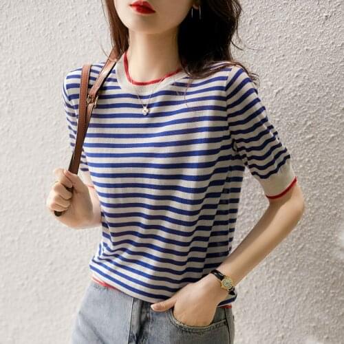 Zoki Loose Knit Women T Shirt Summer Striped Casual O Neck Short Sleeve Tees Korean Fashion Simple Ladies Tops Tshirt Blue New