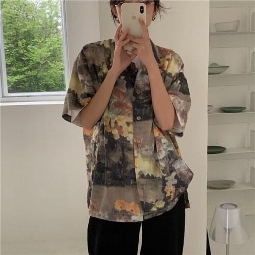 Retro oil painting print short-sleeved shirt female fashion lapel shirt