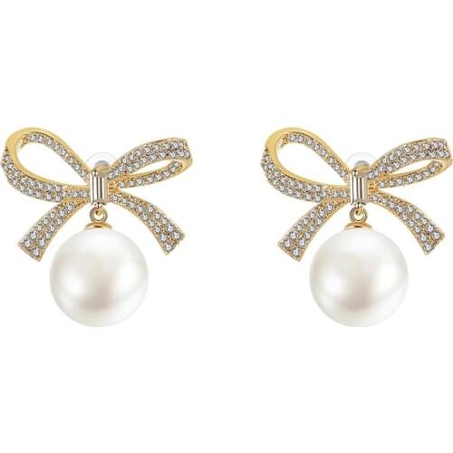 New Luxury Zircon S 925 Bowknot Dangle Pearl Earrings Korean Drop Earrings for Women Gold Female Earing 2021 New Wedding Jewelry