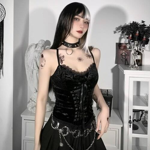 Women Lace-up Backless Floral Slim Camisole Gothic Black Sexy Lady Basic Velvet Short Camis Summer Dark Goth V Neck Lace Top