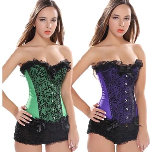 Women Sexy Lace Bow Trim Overbust Corsets Bustiers Showgirl Satin Waist Cincher Body Shaper Lace Up Corset Bustier Lingerie Top