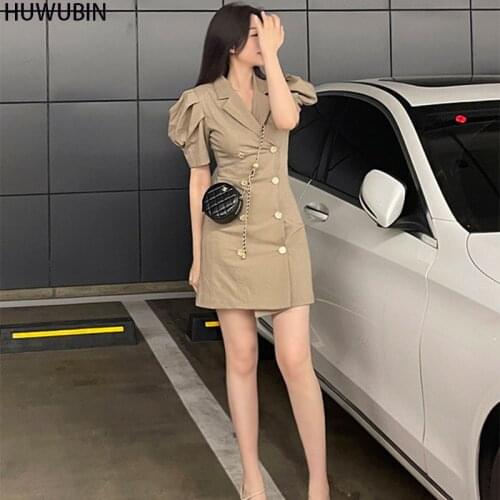 2021 Korean New Style Womens Unique Lapel Temperament Light Luxury High End Waist Summer Double Row Button Bubble Sleeve Coat