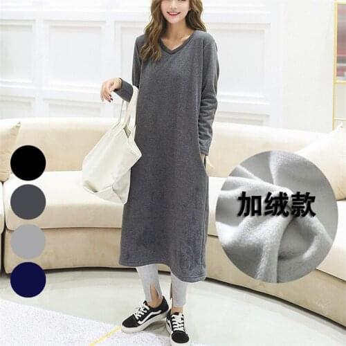 Women Cotton Thicken Warm Long Dress Full Sleeve Autumn Winter Casual Straight Dress Elastic Elegant V-Neck Dress Big Size M-8XL