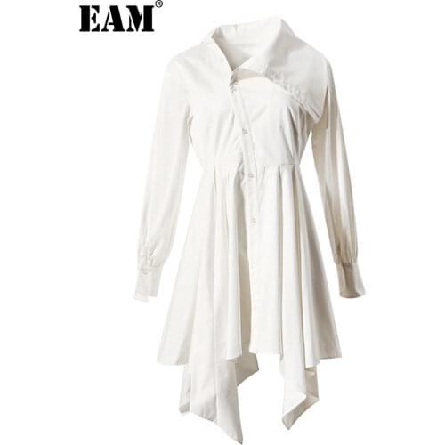 [EAM] Women Single Breasted Pockets White Dress New Asymmetrical Long Sleeve Loose Fit Fashion Tide Spring Autumn 2021 1DD6953