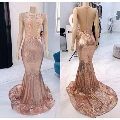2020 Pink Keyhole Neck Mermaid Sequined Prom Dresses Custom Made Evening Gowns Appliques Long Vestidos de festa Black Girls