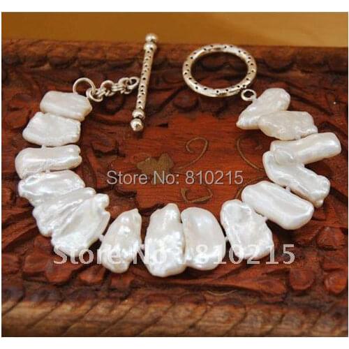 12-19mm Freshwater Cultured Biwa Pearl White Toggle Bracelet 7.5inch New Free Shipping