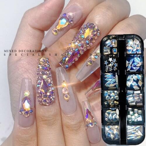 12 Grids/ Box Mixed Style AB Flat Glass Crystal Red Champagne Diamond In And Flatback Nail Art Rhinestone Set Makeup Manicure