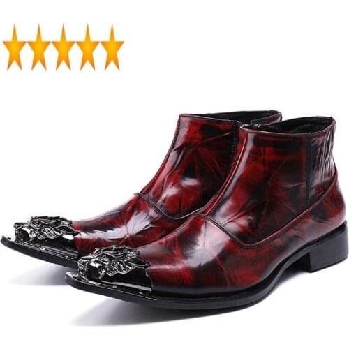 Metal Pointed Toe Shoes Fashion Men Italian Genuine Leather British Wedding Party Footwear Business Man Formal Ankle Boots