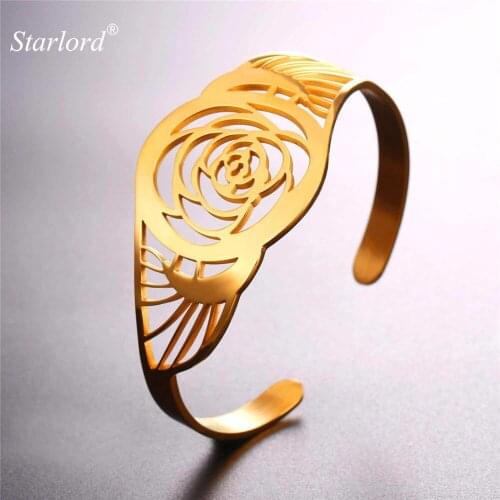Starlord Gold Color Bangle & Hollow Rose Design Shape Never Fade Stainless Steel Trendy Vintage Bracelet/Bangle For Women GH2589