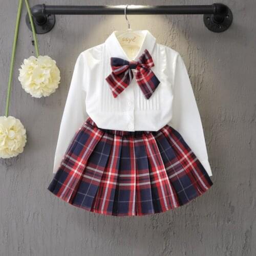 Long-Sleeved Childrens Bow Princess Blouse and Plaid Skirt 2 Piece School Uniform Clothes