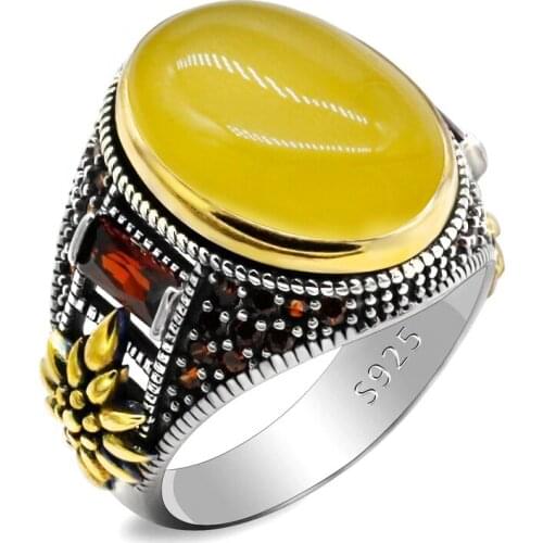 925 Sterling Silver Natural Onyx Ring for Men Male Women Turkish Jewelry with Oval Yellow Agate Stone Gold Vintage Birthday Gift