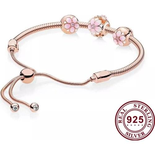 2020 New 925 Sterling Silver Rose Gold Openwork Magnolia Bloom With Crystal Beads Bracelet