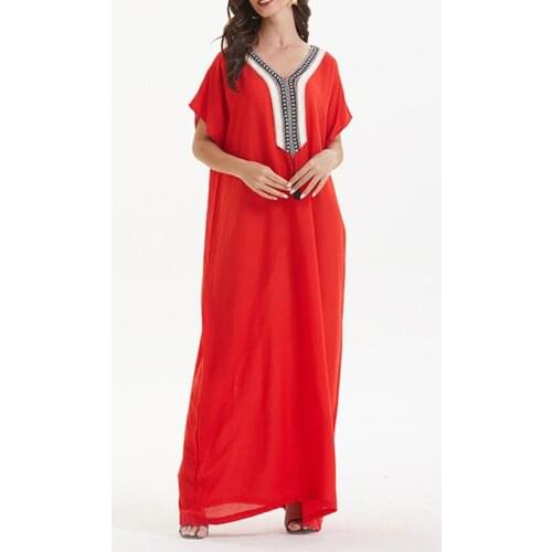 2021 Summer New Middle East African Solid Color Loose Casual Muslim Womens Dress V-neck Summer Fashion Simple